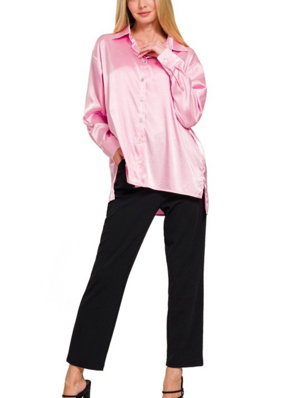 28 NWT Zenana Pink Satin Button-Front Cozy Oversized Shirt Top - Picture 4 of 5